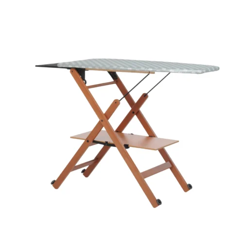 masa de calcat cu rart foppapedretti, assai, 123x50 cm, inaltime ajustabila, pliabila, structura din lemn masiv de fag, raft pentru haine, suport lateral pentru fier de calcat, material bumbat termorezistentm roti pentru transport facil, lemn nuc