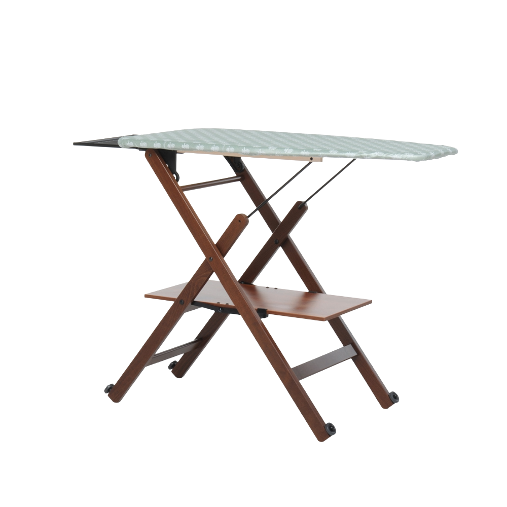 masa de calcat cu fart foppapedretti, assai, 123x50 cm, inaltime ajustabila, pliabila, structura din lemn masiv de fag, raft pentru haine, suport lateral pentru fier de calcat, material bumbat termorezistentm roti pentru transport facil, maro