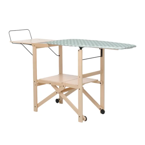masa de calcat cu rart foppapedretti, asso, 178x50 cm, pliabila, structura din lemn masiv de fag, 2 rafturi pentru haine, suport lateral pentru fier de calcat, material bumbac termorezistent, roti pentru transport facil, lemn natur