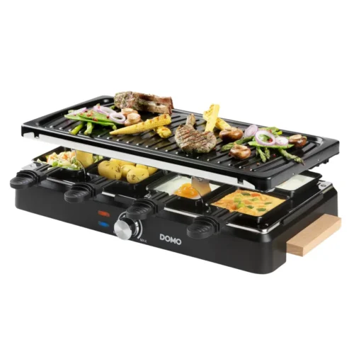 plita grill si raclette domo, cu raclette si spatule incluse, pentru 8 persoane, 1400 W, negru