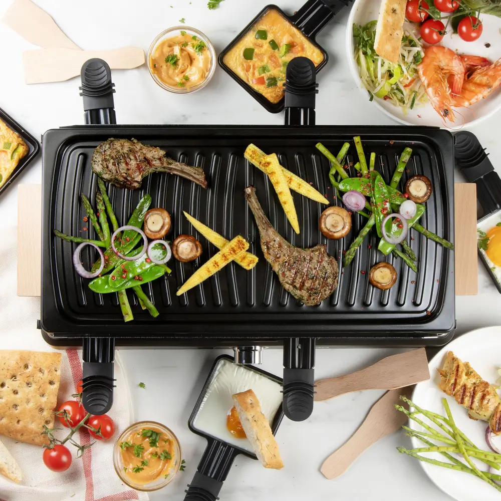 plita grill si raclette domo, cu raclette si spatule incluse, pentru 8 persoane, 1400 W, negru