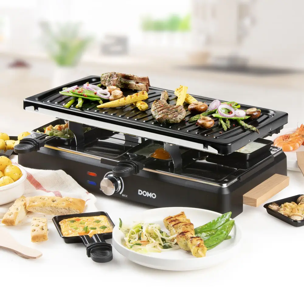 plita grill si raclette domo, cu raclette si spatule incluse, pentru 8 persoane, 1400 W, negru