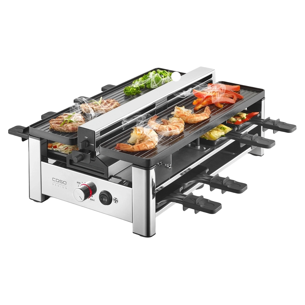 plita grill si raclette caso germany, airclean, 8 persoane, ideal pentru legume/ carne/ branzeturi, filtru carbon si miros, 2 suprafete de gatit, placi antiaderente striate, incalzire rapida, otel inoxidabil, usor de curatat, 1500 W, negru