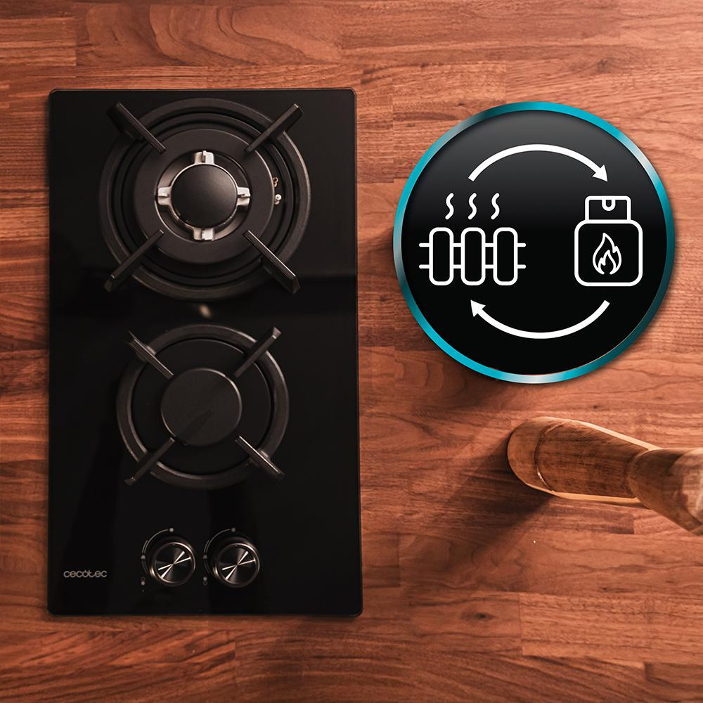 plita incorporabila pe gaz, cecotec, cu 2 arzatoare si putere de 5.25 kw, incorporata in blatul din bucatarie, cu oprire de siguranta, negru