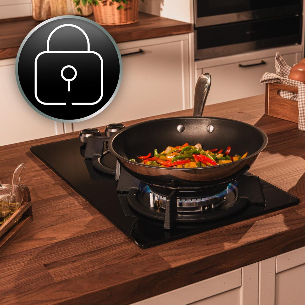 plita incorporabila pe gaz, cecotec, cu 2 arzatoare si putere de 5.25 kw, incorporata in blatul din bucatarie, cu oprire de siguranta, negru