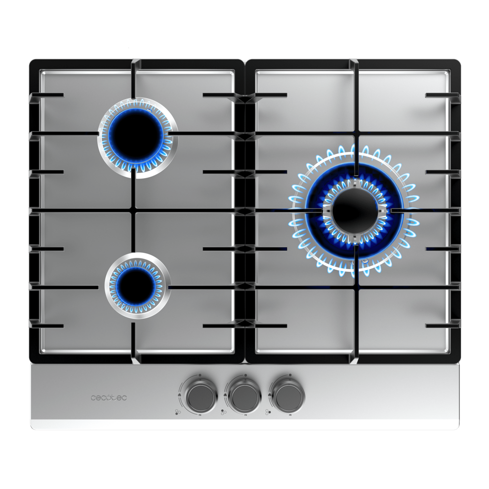 plita incorporabila pe gaz, cecotec, cu 3 arzatoare si putere de 6.25 kw, inox