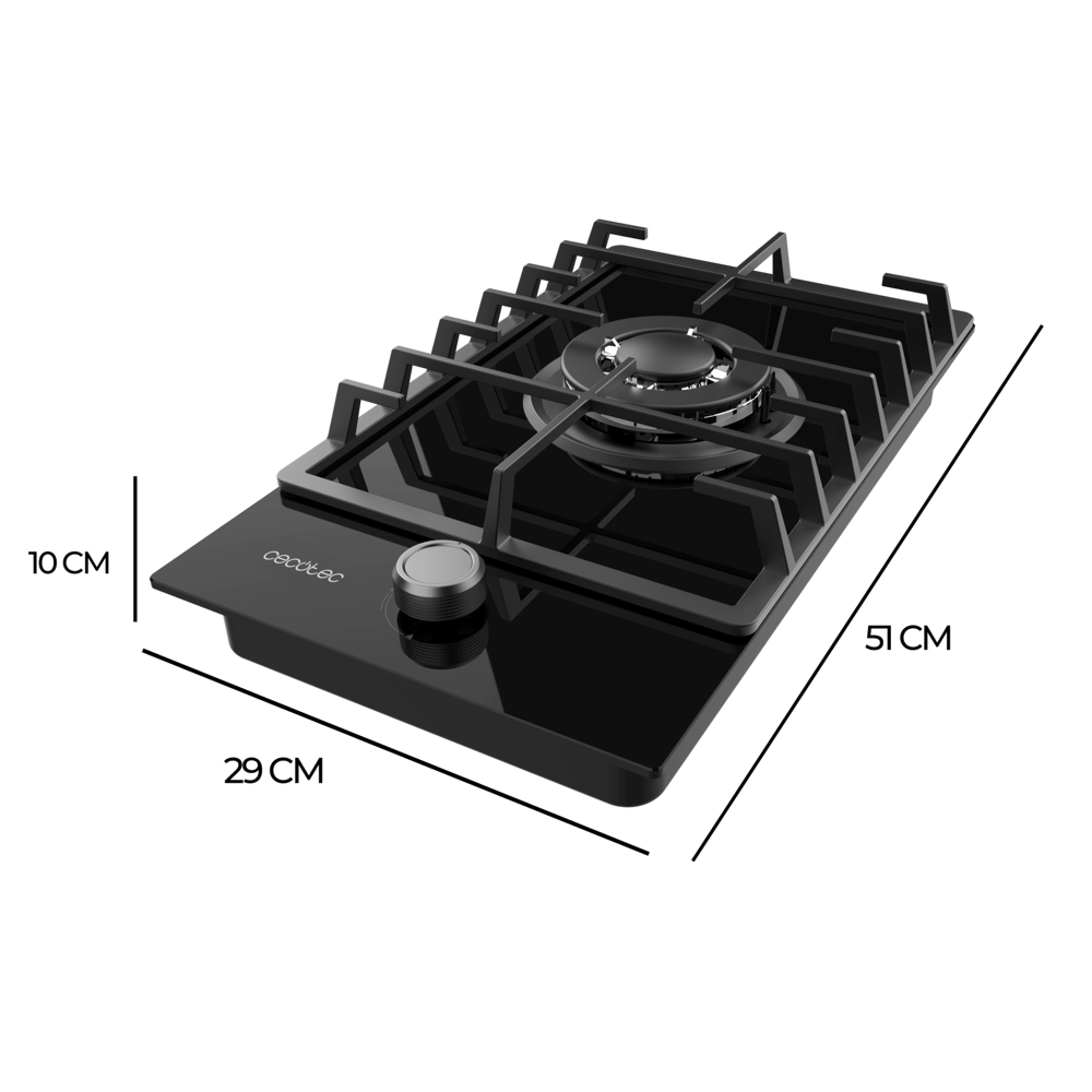 plita incorporabila pe gaz cecotec, bolero squad g, 29 cm, 1 arzator wok 3.5 kw, grilaj din fonta, comutatoare rotativa cu aprindere electrica, oprire de siguranta, design elegant, negru, dimensiuni produs