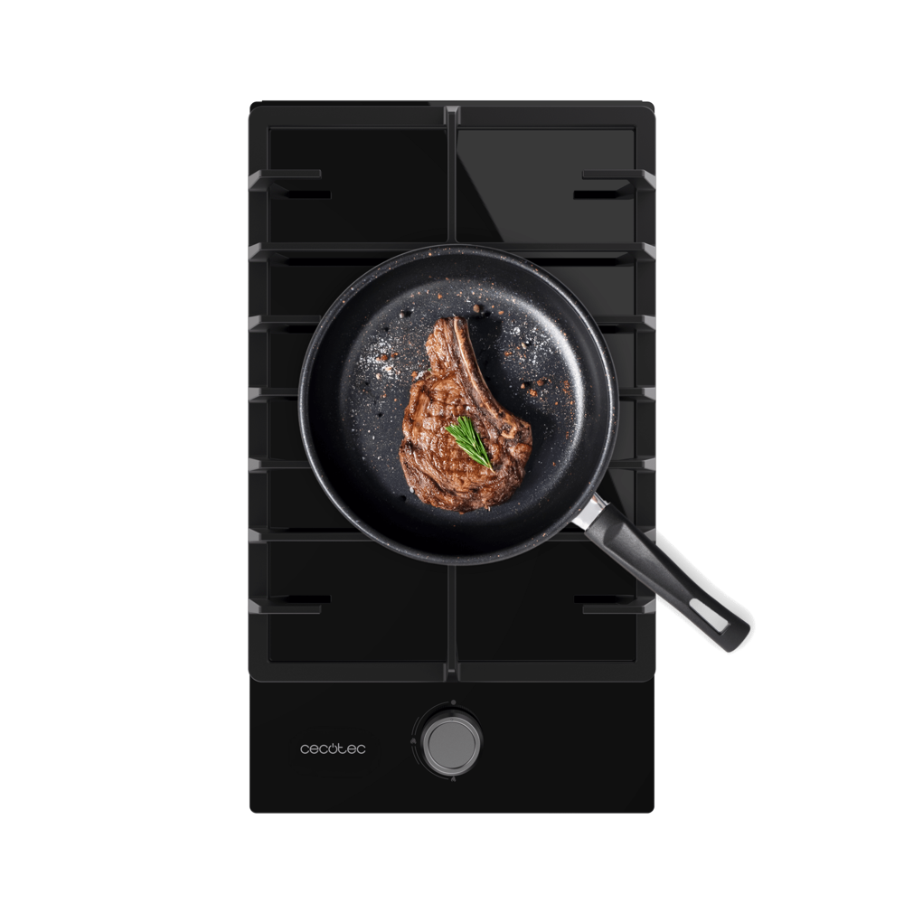 plita incorporabila pe gaz cecotec, bolero squad g, 29 cm, 1 arzator wok 3.5 kw, grilaj din fonta, comutatoare rotativa cu aprindere electrica, oprire de siguranta, design elegant, negru, cu o tigaie pe plita