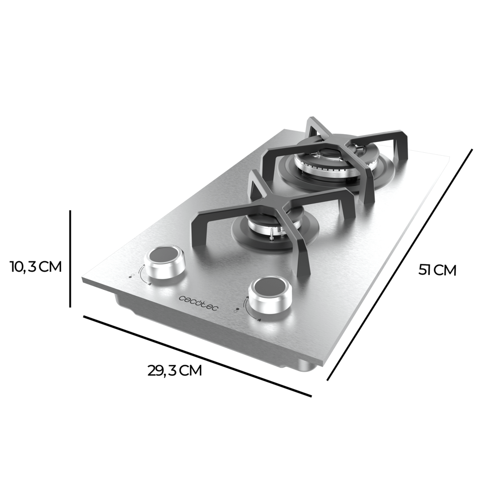 plita incorporabila pe gaz cecotec, bolero squad g, 29 cm, 1 arzator wok 3.4 kw, 1 arzator semi-rapid 1.8 kW, grilaj din fonta, comutatoare rotativa cu aprindere electrica, oprire de siguranta, design elegant, inox, dimensiuni produs