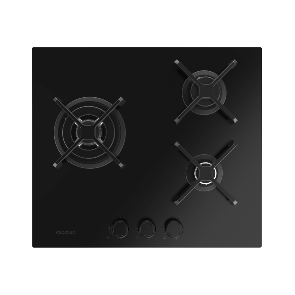 plita incorporabila pe gaz cecotec, bolero squad g, 58 cm, 3 arzatoare, arzator wok 3.4 kw, grilaj din fonta, comutatoare rotativa cu aprindere electrica, oprire de siguranta, design elegant, negru