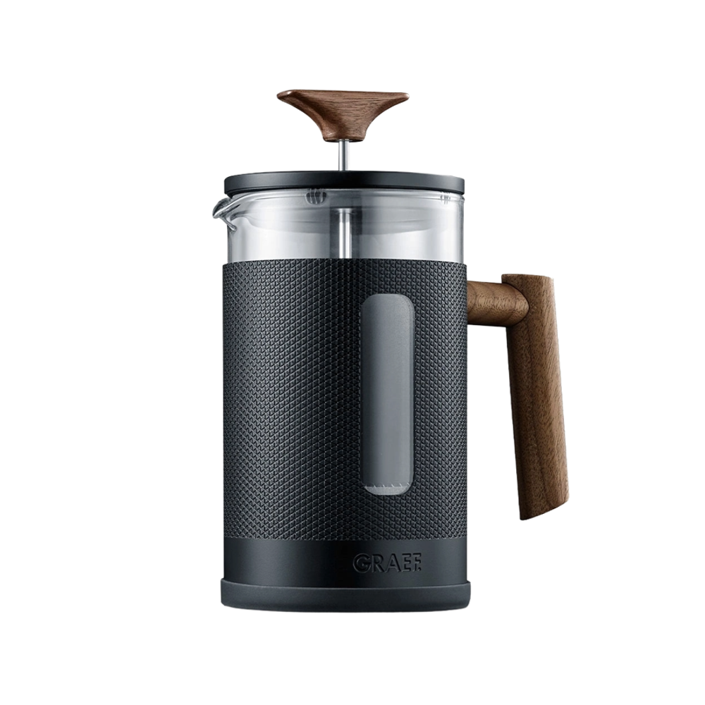presa franceza graef, pentru ceai/cafea, capacitate 800 ml, pana la 6 cani de cafea, maner ergonomic lemn de salcam, material stica si metal, usor de curatat, baza antiderapanta, ideal camping/ rulota, negru