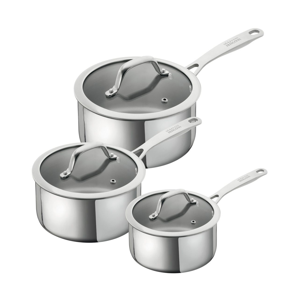 set 3 cratite pentru gatit din otel inoxidabil, kuhn rikon, allround, cu capac din sticla, inox