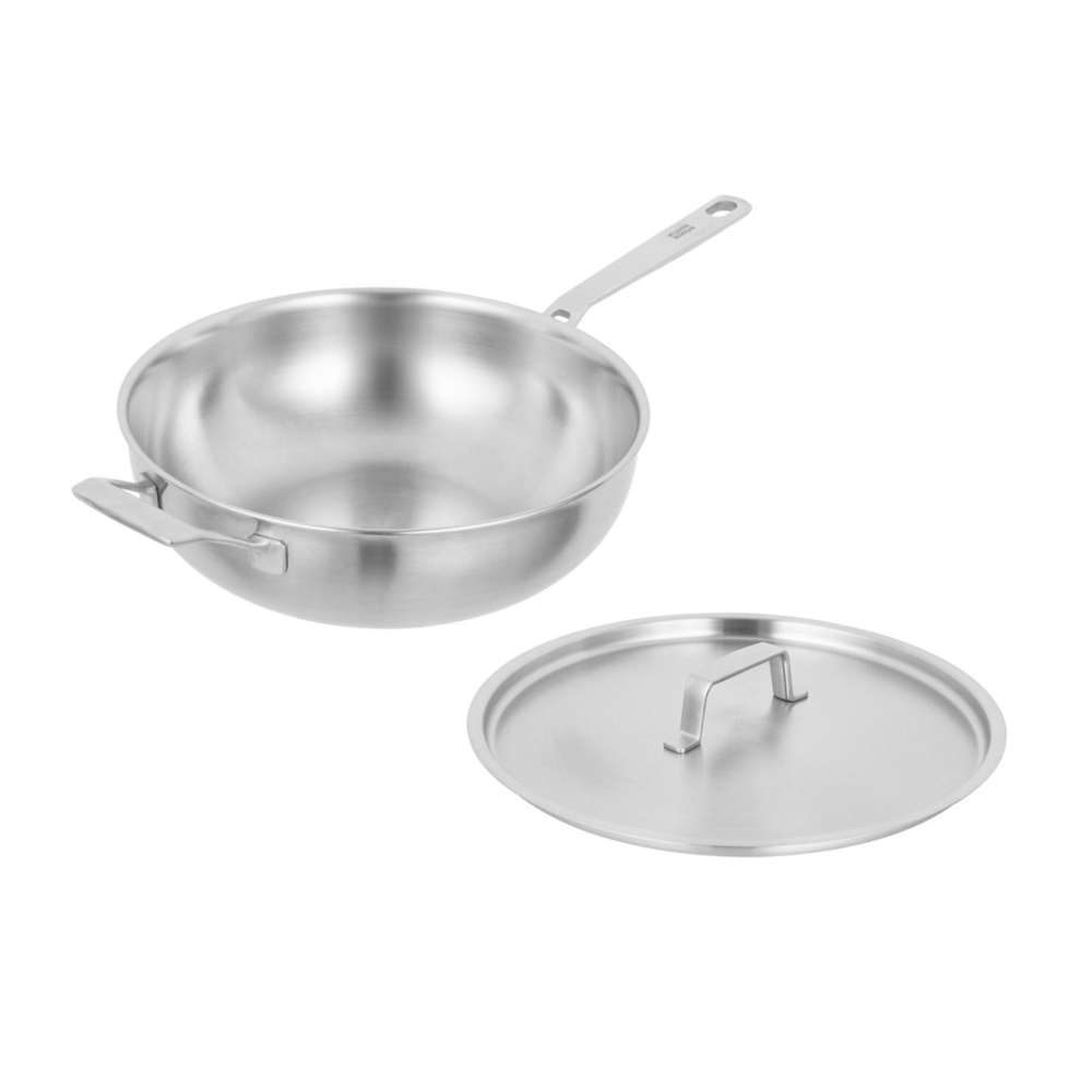 Tigaie Wok cu capac din otel inoxidabil Kuhn Rikon, Culinary Fiveply, Ø 28 cm, 4 litri, ideala sosuri si sotat, structura interna din 5 straturi, antiaderenta, distribuire uniforma a caldurii, manere Stay Cool, compatibila cu toate sursele de caldura, inox