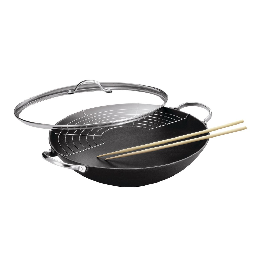 Tigaie Wok din fonta cu capac Kuhn Rikon, Jampur, Ø 36 cm, 5 litri, ideala sosuri si sotat, atasament grill semicircular, antiaderenta, distribuire uniforma a caldurii, compatibila cu toate sursele de caldura, negru
