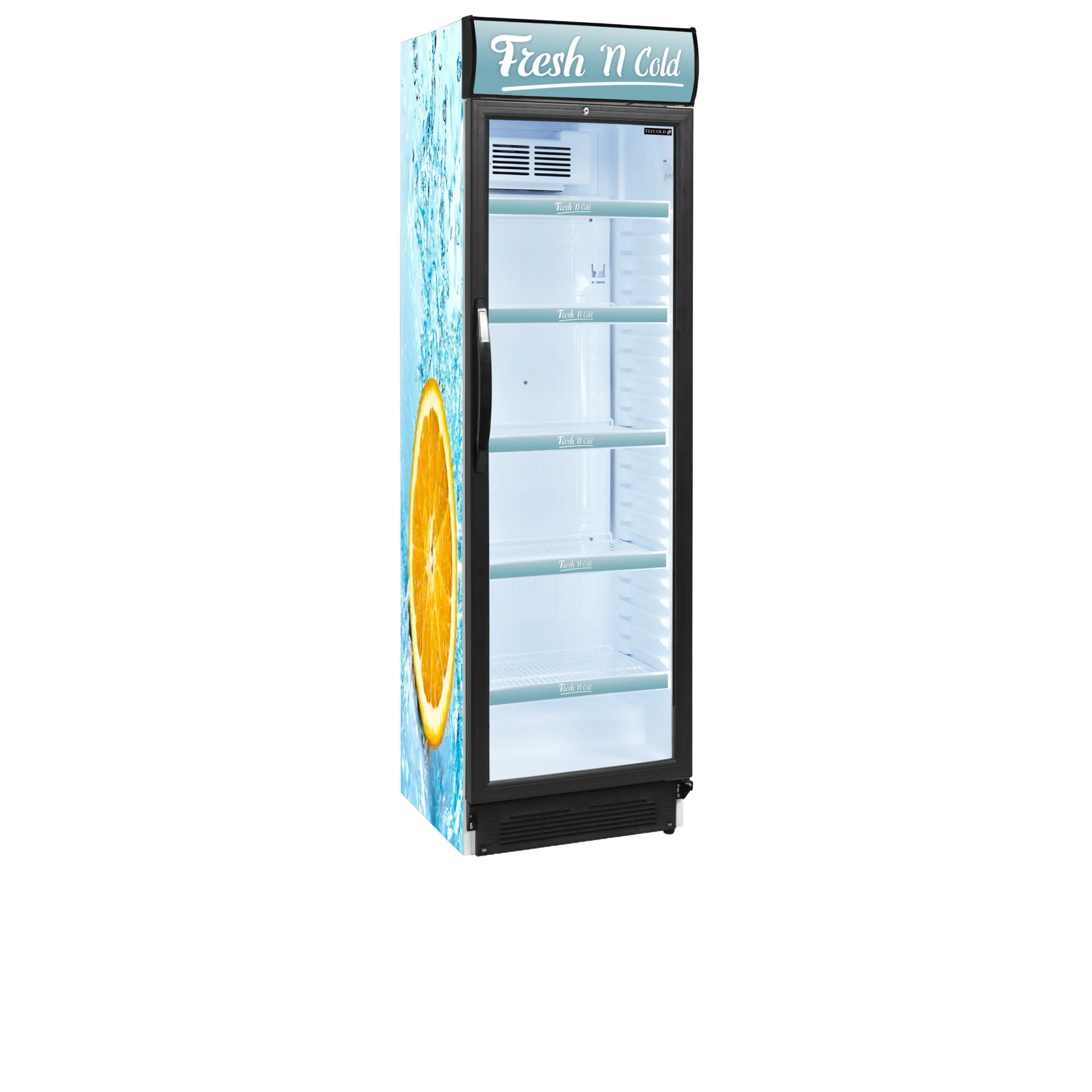 Vitrina frigorifica Tefcold cu spatiu special pentru branding si publicitate