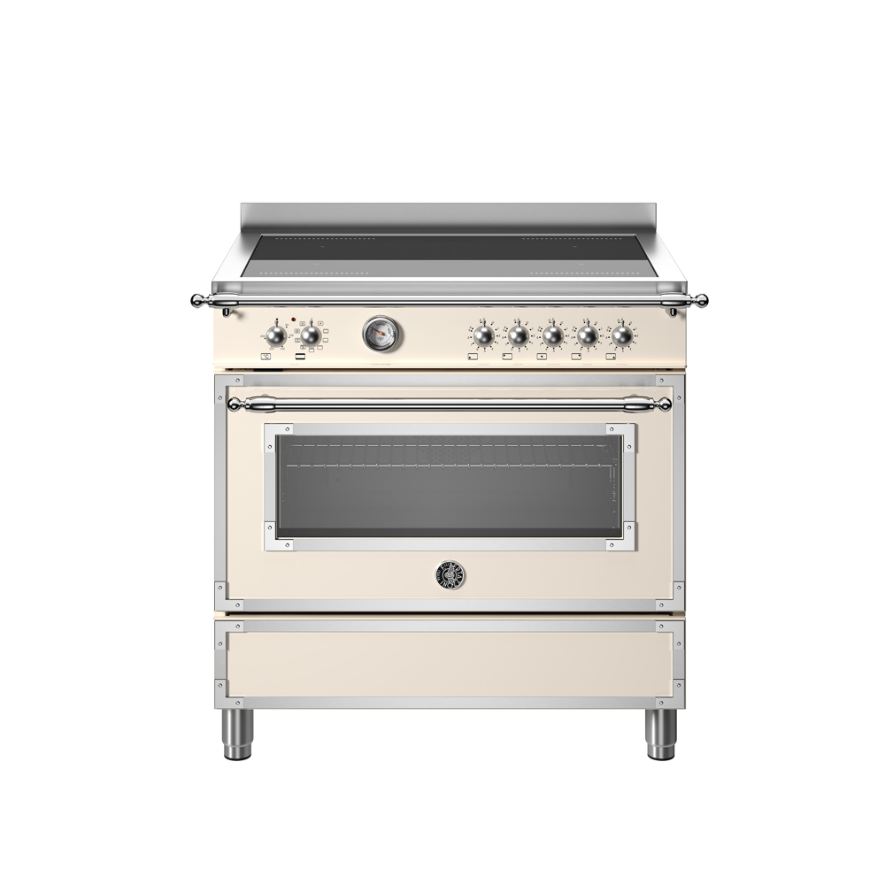 8059304881206 Aragaz cu plita pe inductie Bertazzoni, colectie Heritage, latime 90 cm, 5 zone, cuptor electric 103 l, temperatura reglabila max. 250°C, 11 functii de gatit, convectie, iluminare interioara, termometru integrat, sticla triplustratificata, crem