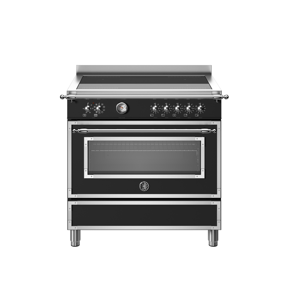 Aragaz cu plita pe inductie Bertazzoni, colectie Heritage, latime 90 cm, 5 zone, cuptor electric 103 l, temperatura reglabila max. 250°C, 11 functii de gatit, convectie, iluminare interioara, termometru integrat, sticla triplustratificata, negru mat