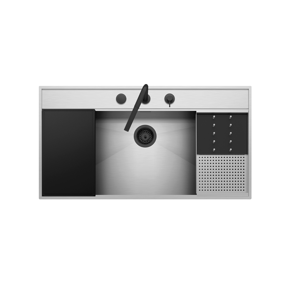 Chiuveta de bucatarie, baterie inclusa, accesorii, Barazza, colectia Flexi, inox/negru, 105x56 cm, montare flush-mount