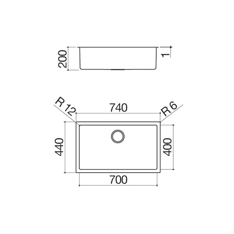 Chiuveta de bucatarie Barazza, colectia Outdoor, 70 x 40 cm, inox, dimensiuni