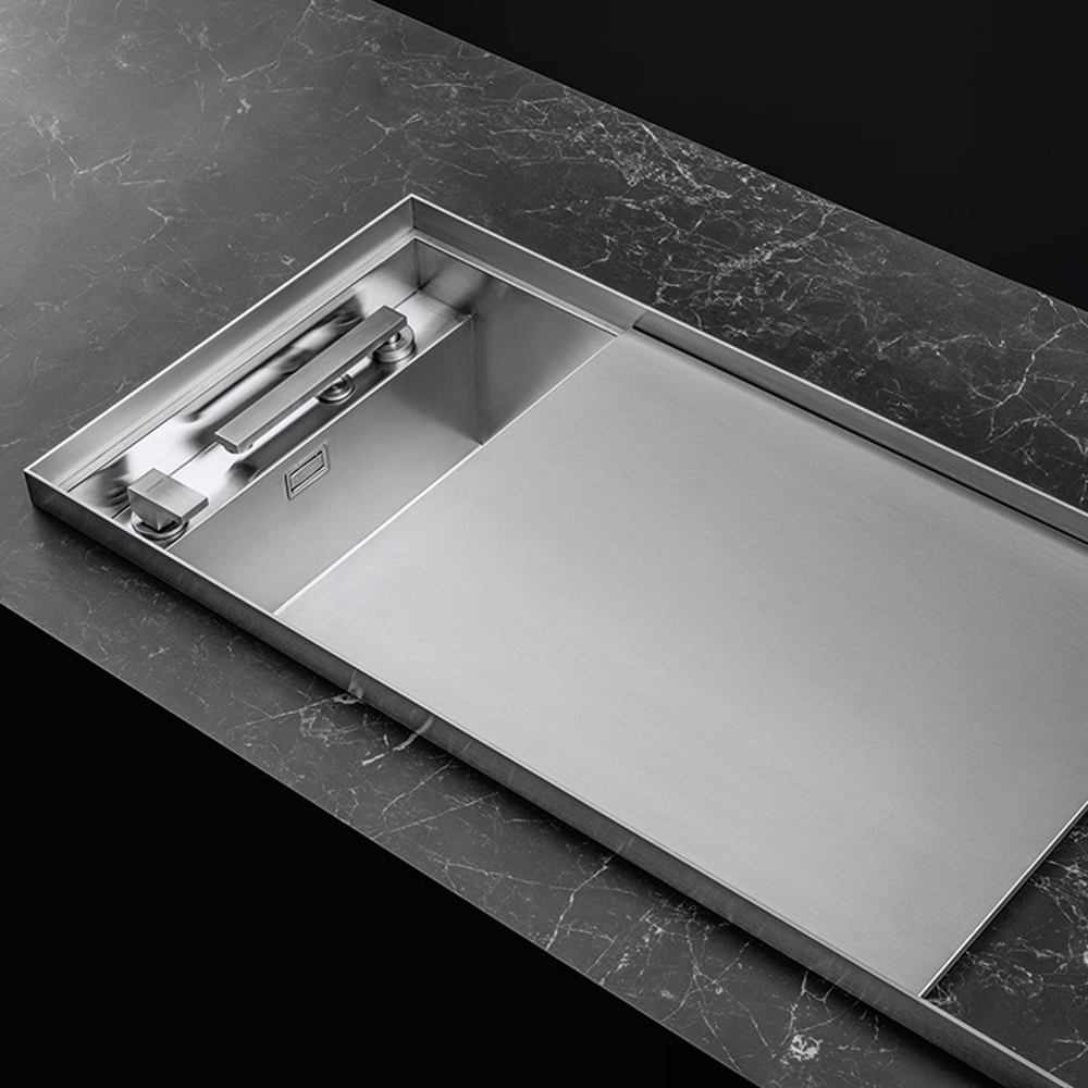 Chiuveta de bucatarie Barazza, colectie Mizu, 100 x 52 cm, 1 cuva, montare peste nivelul blatului, 3 orificii standard pentru baterie, anti-zgarieturi, anti-pete, sistem de scurgere automat, inox, produs montat in blat