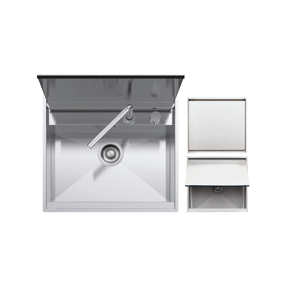 Chiuveta de bucatarie cu capact si baterie inclusa, Barazza, colectie Outdoor, 57x51 cm, inox, baterie telescopica inclusa