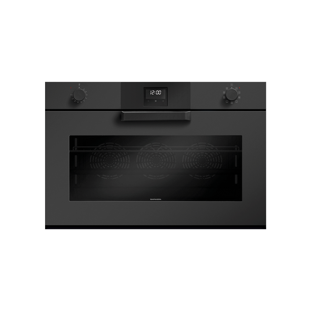 Cuptor electric incorporabil Barazza, colectie Icon XL Exclusive, 90 cm, 120 litri, finisaje de lux, clasa A, premium, 9 functii manuale, panou de control tactil si comutatoare rotative, functie convectie, usa detasabila triplustratificata, curatare facila, negru mat