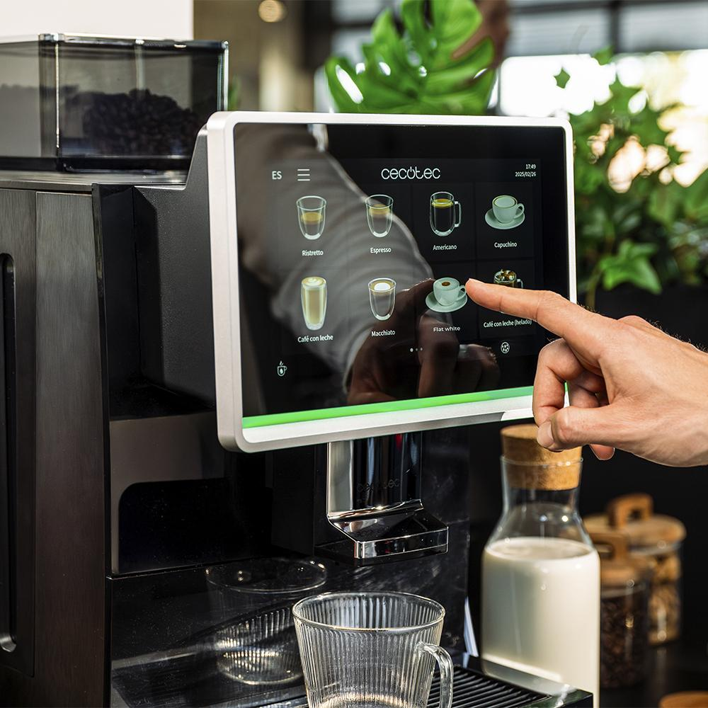 Espressor automat cu rasnita Cecotec, Cremmaet Coffice, ideal birou, 26 tipuri de cafea, 15 bari, rezervor apa 2 l, functii personalizare, rezervor boabe cafea 1 kg, functie spumare lapte, panou control cu ecran tactil, sistem Thermoblock, sistem autocuratare, negru, pana pe panou control