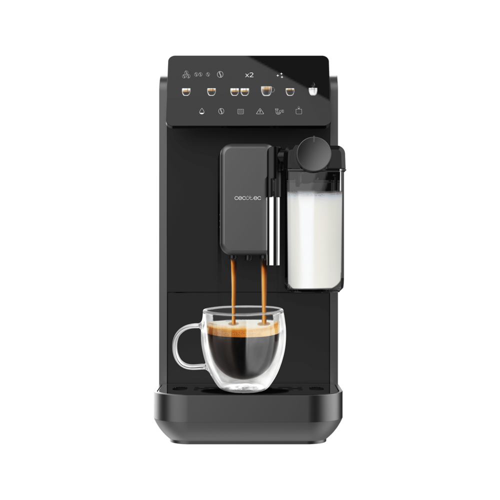 Espressor automat cu rasnita Cecotec, Cremmaet Lungo Latte, 19 bari, rezervor apa 2 l, rezervor boabe cafea 280 g, rezervor lapte 240 ml, rasnita din otel inoxidabil, functie spumare lapte, panou control cu ecran tactil, sistem Thermoblock, sistem decalcifiere, negru