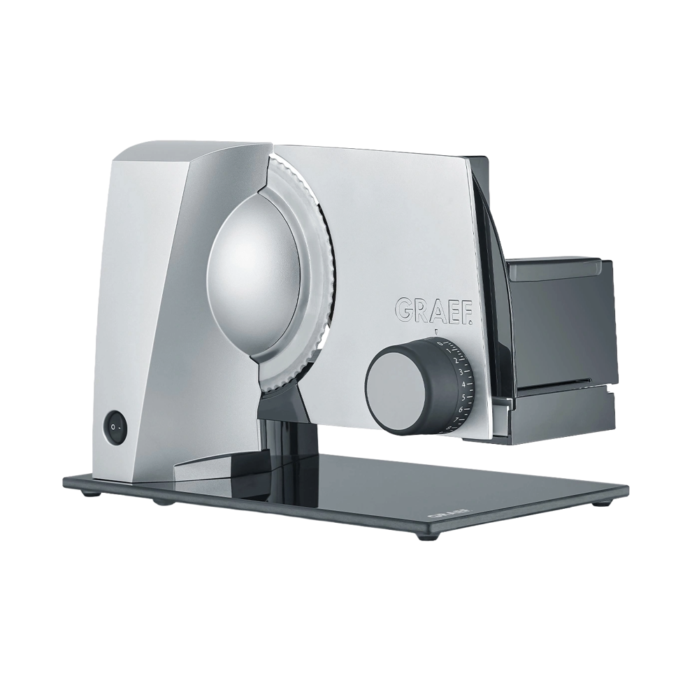 feliator electric pentru alimente, graef, glass style, cu grosime reglabila, lama zimtata si baza robusta din sticla, argintiu