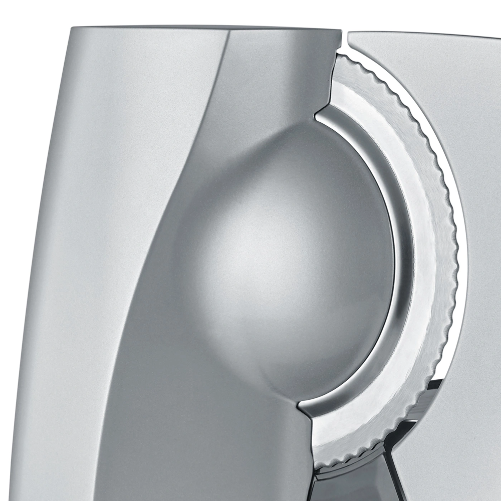 feliator electric pentru alimente, graef, essence, cu structura robusta din metal si baza din sticla, cu lama zimtata de 17 cm, argintiu