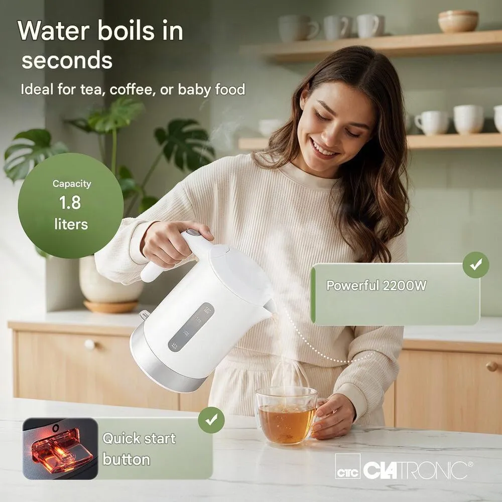 fierbator de apa clatronic, cu capacitate de 1.8 litri, cu putere de 2200 w si buton on/off quick start iluminat LED