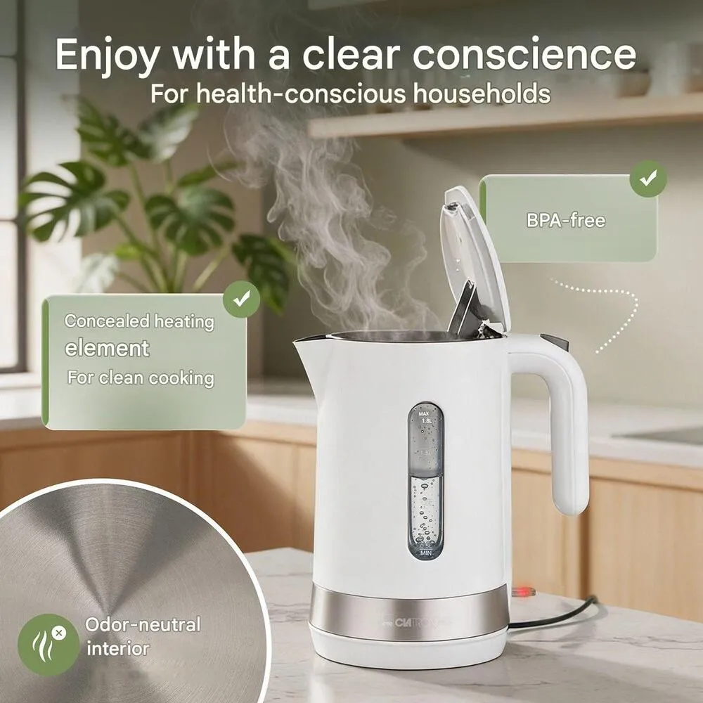 fierbator de apa clatronic, cu capacitate de 1.8 litri, fara bpa, cu invelis ce neutralizeaza mirosurile si element de incalzire ascuns, ideal pentru familii