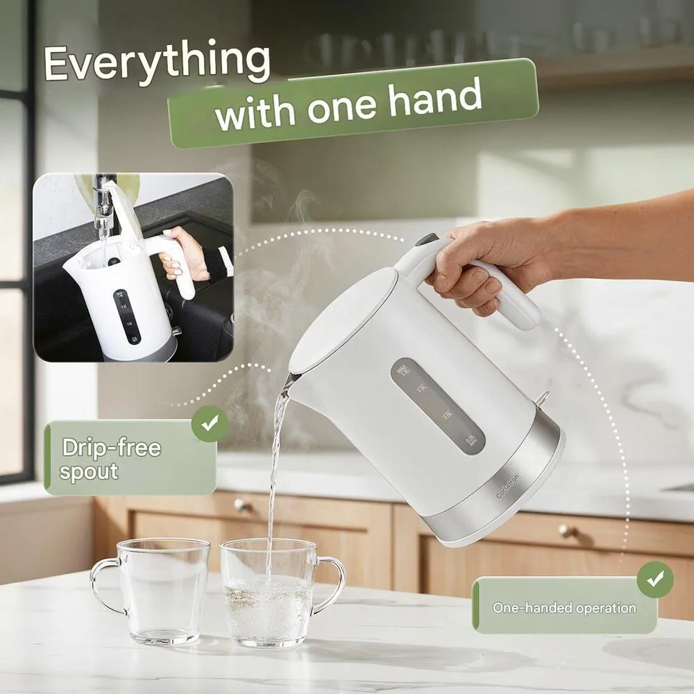 fierbator de apa clatronic, cu capacitate de 1.8 litri, cu maner ergonomic potrivit pentru stangaci si dreptaci, operare cu o singura mana si capac cu inchidere automata