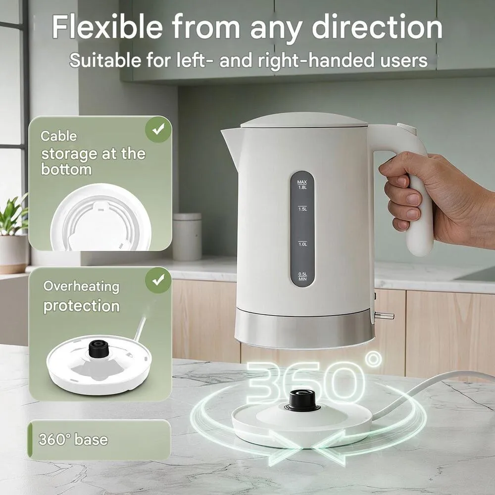 fierbator de apa clatronic, cu capacitate de 1.8 litri, cu baza rotativa 360, permite manevrarea din orice unghi, cu sistem de strangere cablu si protectie la supraincalzire