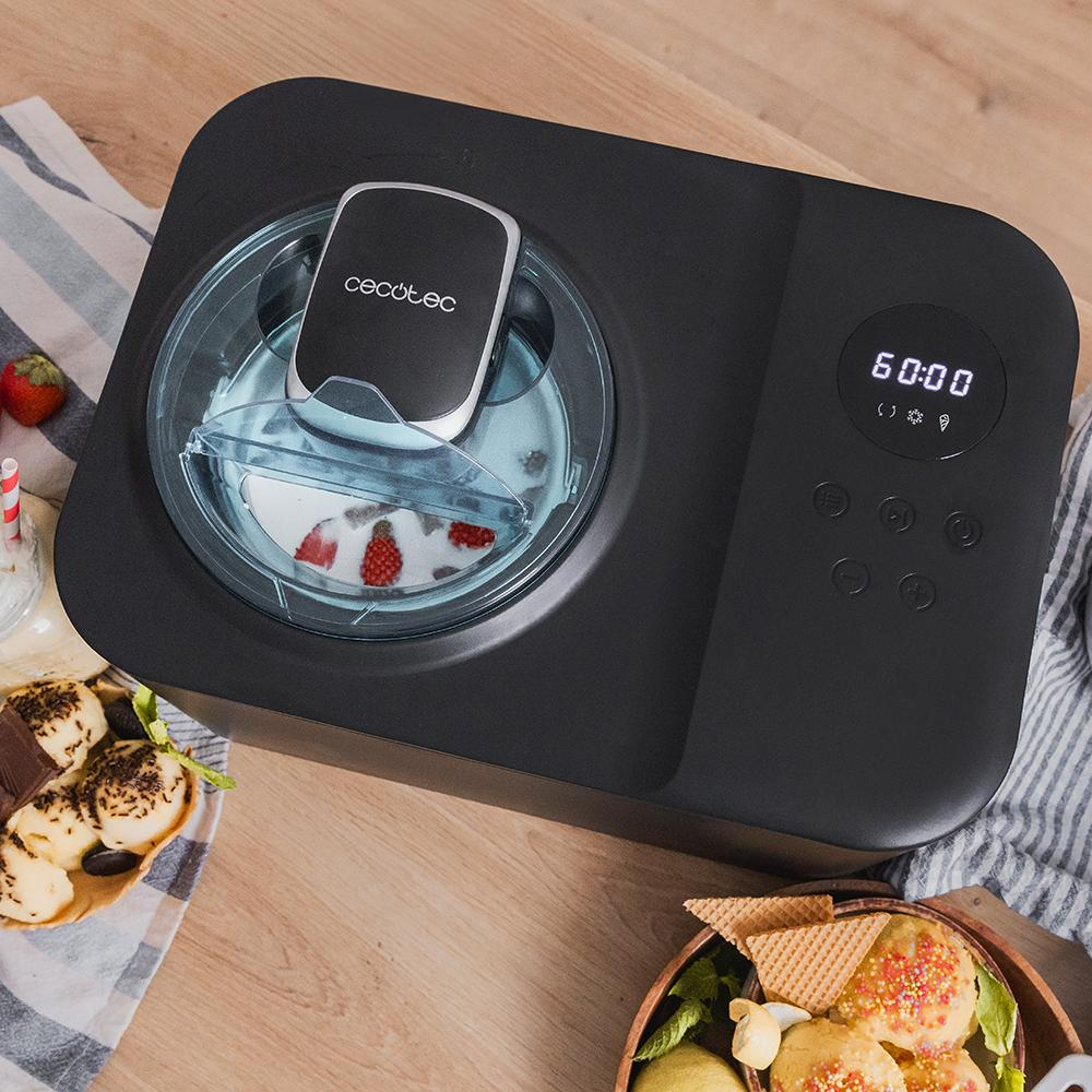 masina de inghetata, cecotec, gelacy 1200 touch, capacitate 1.2 litri, cu sistem de introducere a ingredientelor fara a fi congelate in prealabil, negru