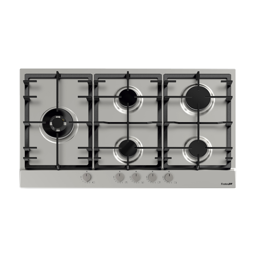 Plita incorporabila pe gaz Foster, Power, 86 cm, 5 arzatoare, instalare pe blat/la nivelul blatului, consum redus, aprindere electrica, grilaj robust fonta, comutatoare rotative, finisaj periat, usor de curatat, design modern, made in Italy, inox
