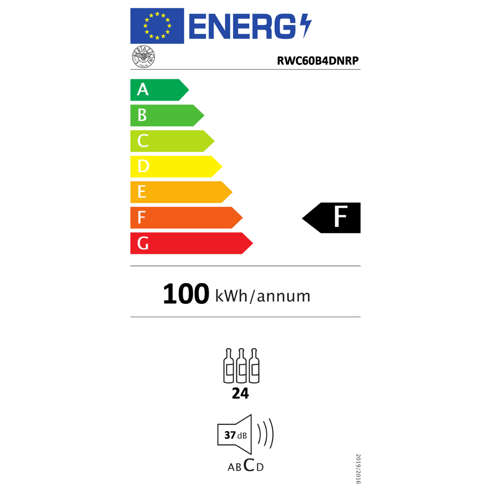 eticheta energetica racitor de vin incorporabil, bertazzoni, colectie modern, cu capacitate de 24 sticle si 3 rafturi din lemn, negru