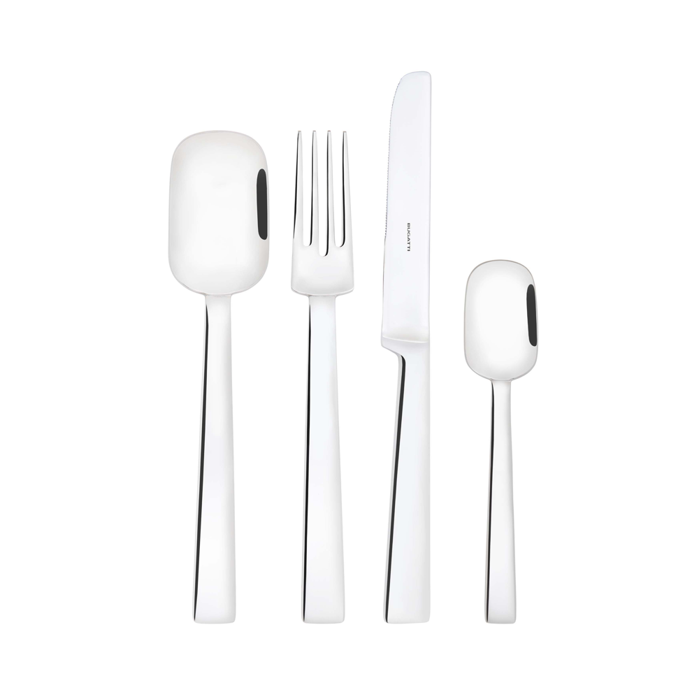 Set 24 tacamuri Casa Bugatti, Laquadra, pentru 6 persoane, design modern, elegant, minimalist, materiale premium, otel inoxidabil 18/10, cutie de lux de prezentare, inox