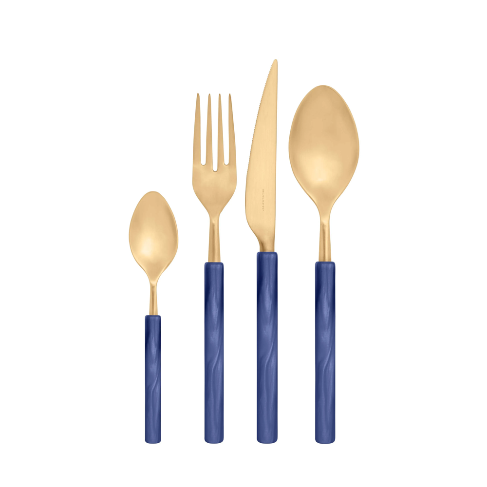 Set 24 tacamuri Casa Bugatti, Mediterra, pentru 6 persoane, design modern, elegant, minimalist, materiale premium, otel inoxidabil 18/10, cutie de lux de prezentare, finisaj mat, albastru