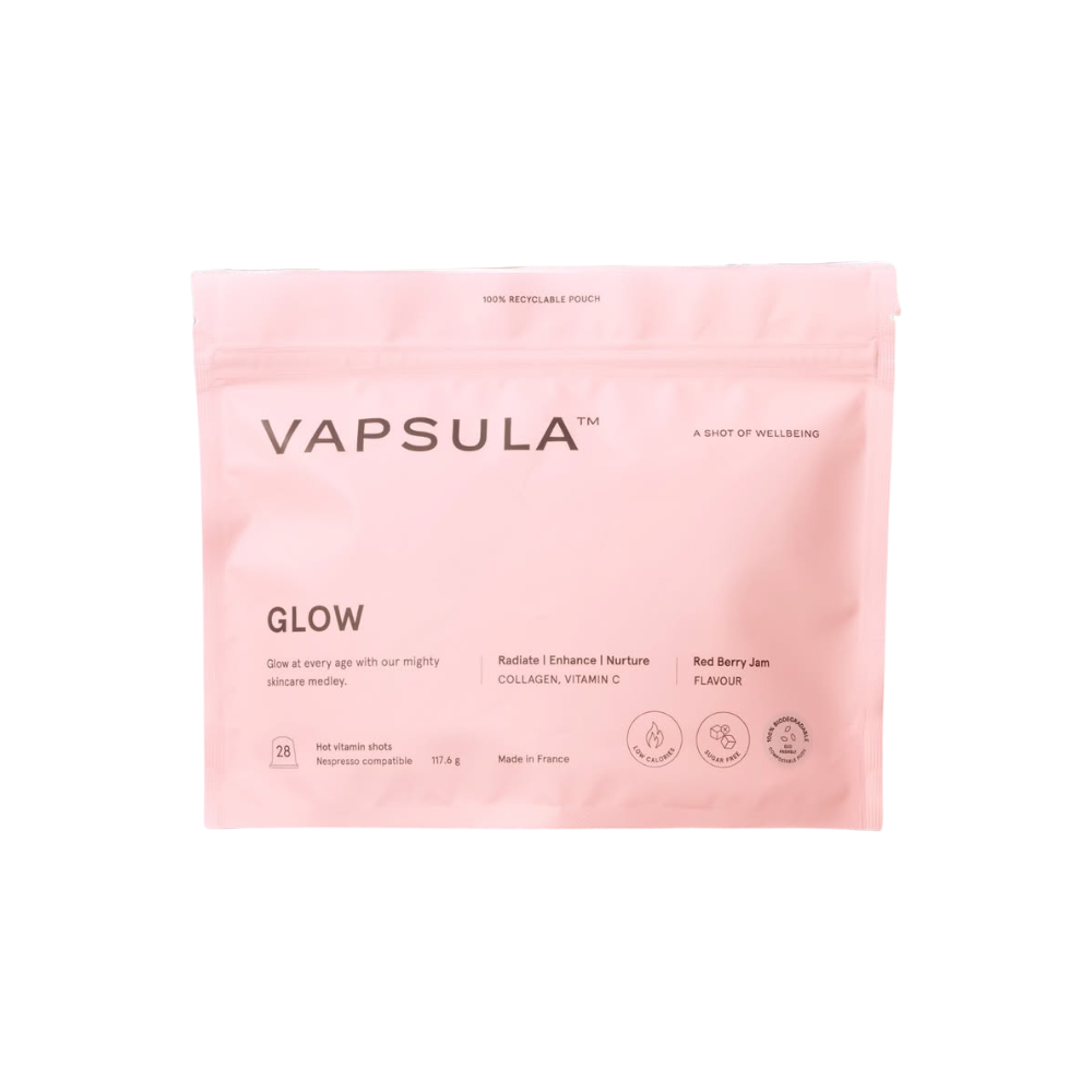 Set capsule Nespresso cu vitamine Vapsula, GLOW, premium, 100% organic, stimuleaza productia de colagen, continut ridicat de vitamina C, previne ridurile, reda elasticitatea tenului, fara zahar adaugat, fara prezervativi, aroma fructe, 28 buc