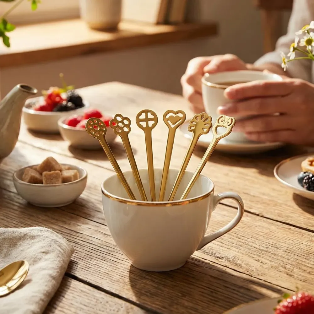 set de 6 lingurite pentru cafea placate cu aur 24k, casa bugatti, lucky charm, din material premium cu structura robusta, organizate in ceasca de cafea la micul dejun, auriu