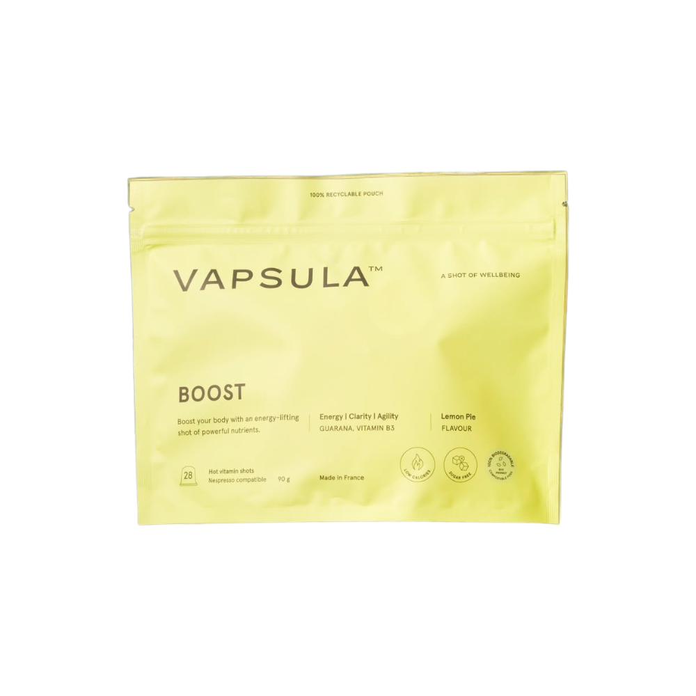 Set capsule Nespresso cu vitamine Vapsula, BOOST, premium, 100% organic, efect revitalizant, complex de vitamina B, contine cofeina, sustine echilibrul organismului, fara zahar adaugat, fara prezervativi, aroma lamaie, 28 buc