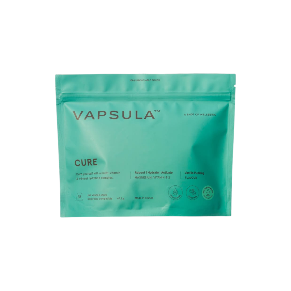 Set capsule Nespresso cu vitamine Vapsula, CURE, premium, 100% organic, efect revitalizant, contribuie la imunitate, complex de vitamina B, contine magneziu, sustine echilibrul organismului, fara zahar adaugat, fara prezervativi, aroma vanilie, 28 buc