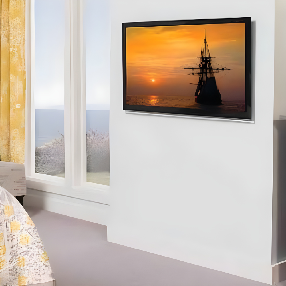 suport tv de perete universal, sanus, ultra-slim, pentru televizoare cu diagonala 37″-55″ si greutate maxima de 34 kg, cu montare fixa pe peretele din dormitor, negru