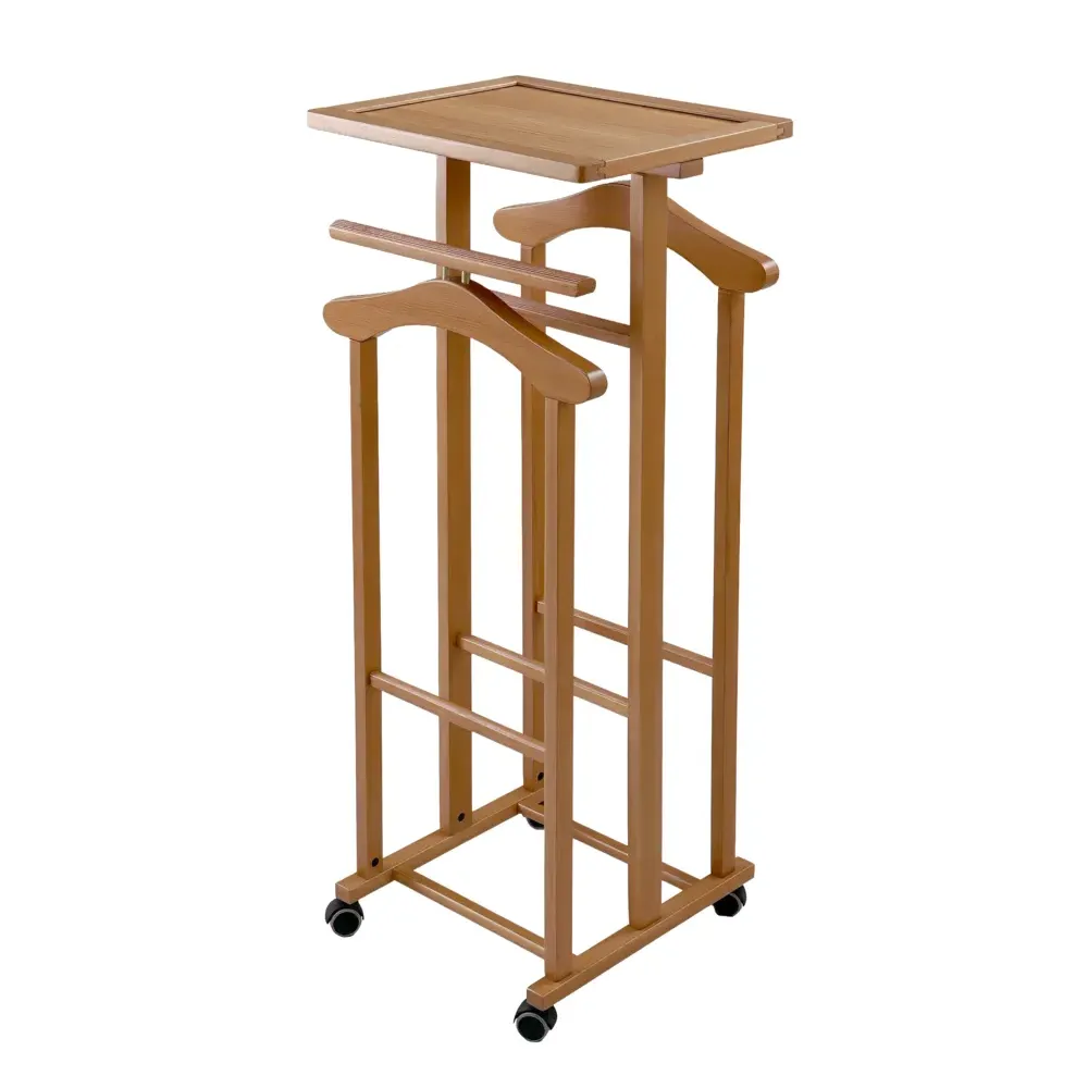 portmantou premium, suport haine si accesorii, cu 2 postamente pentru camasi si sacouri si suporturi pentru pantaloni si accesorii, cu raft superior integrat si roti pentru transport, lemn cires