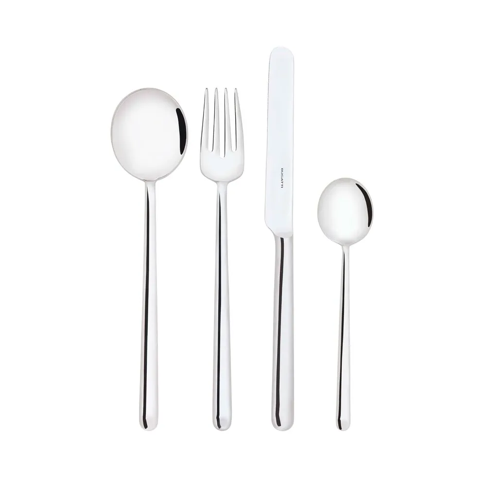 set 24 tacamuri premium, casa bugatti, colectie latonda, din otel inoxidabil de inalta calitate, cu finisaj oglinda si detalii rotunjite, inox